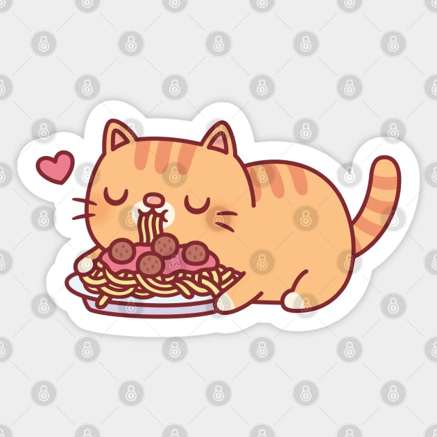 Cute Chubby Orange Tabby Cat Eating Spaghetti Pasta Sticker by rustydoodle